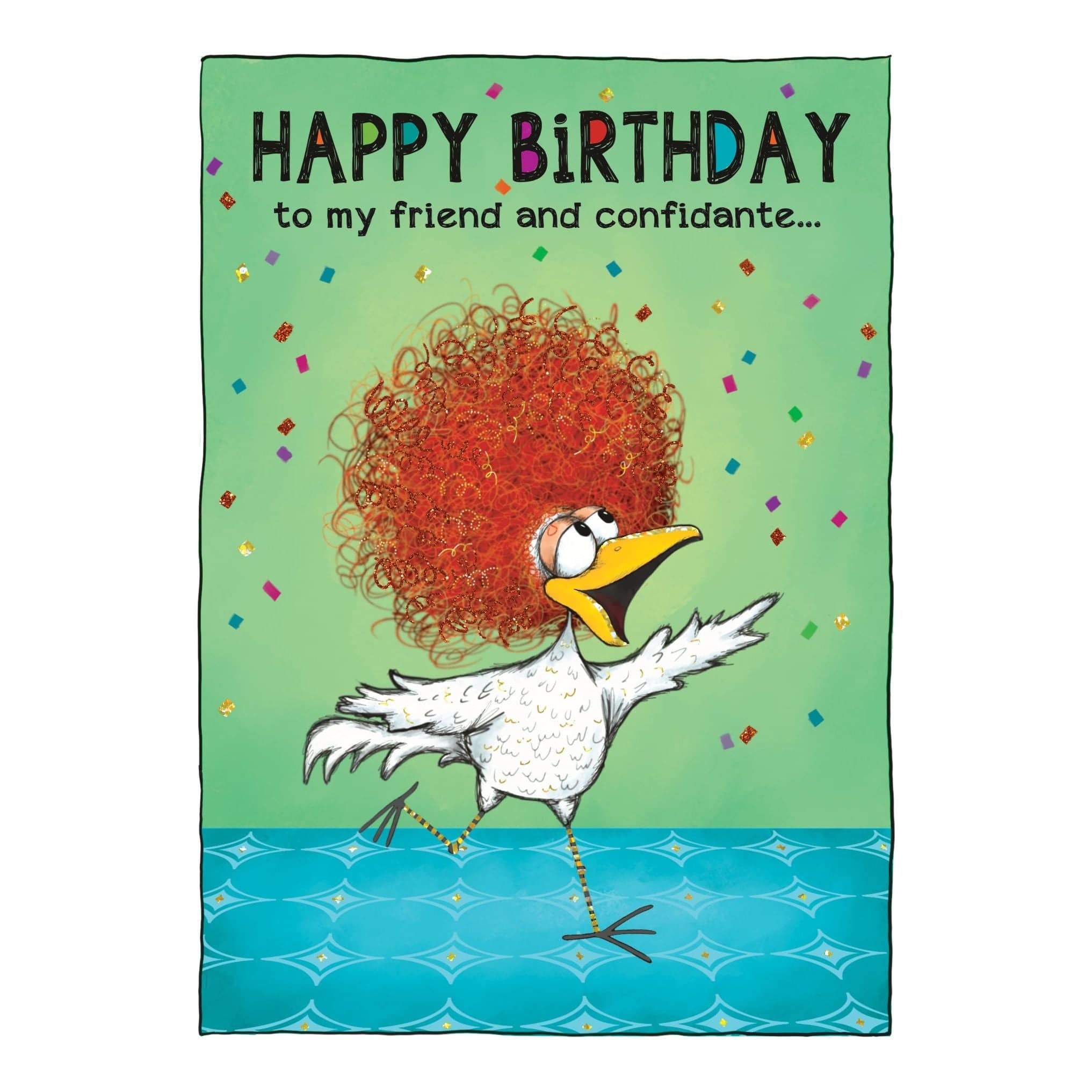 Funny Friend & Confidante birthday card from Pictura, featuring colorful illustrations and playful design for special occasions.